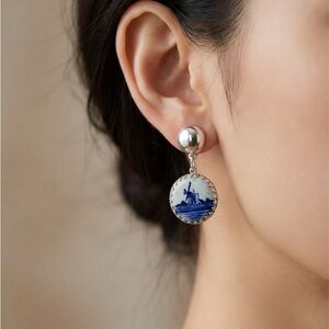 Vintage Charming Dutch Silver and Blue Windmill clip on Earrings